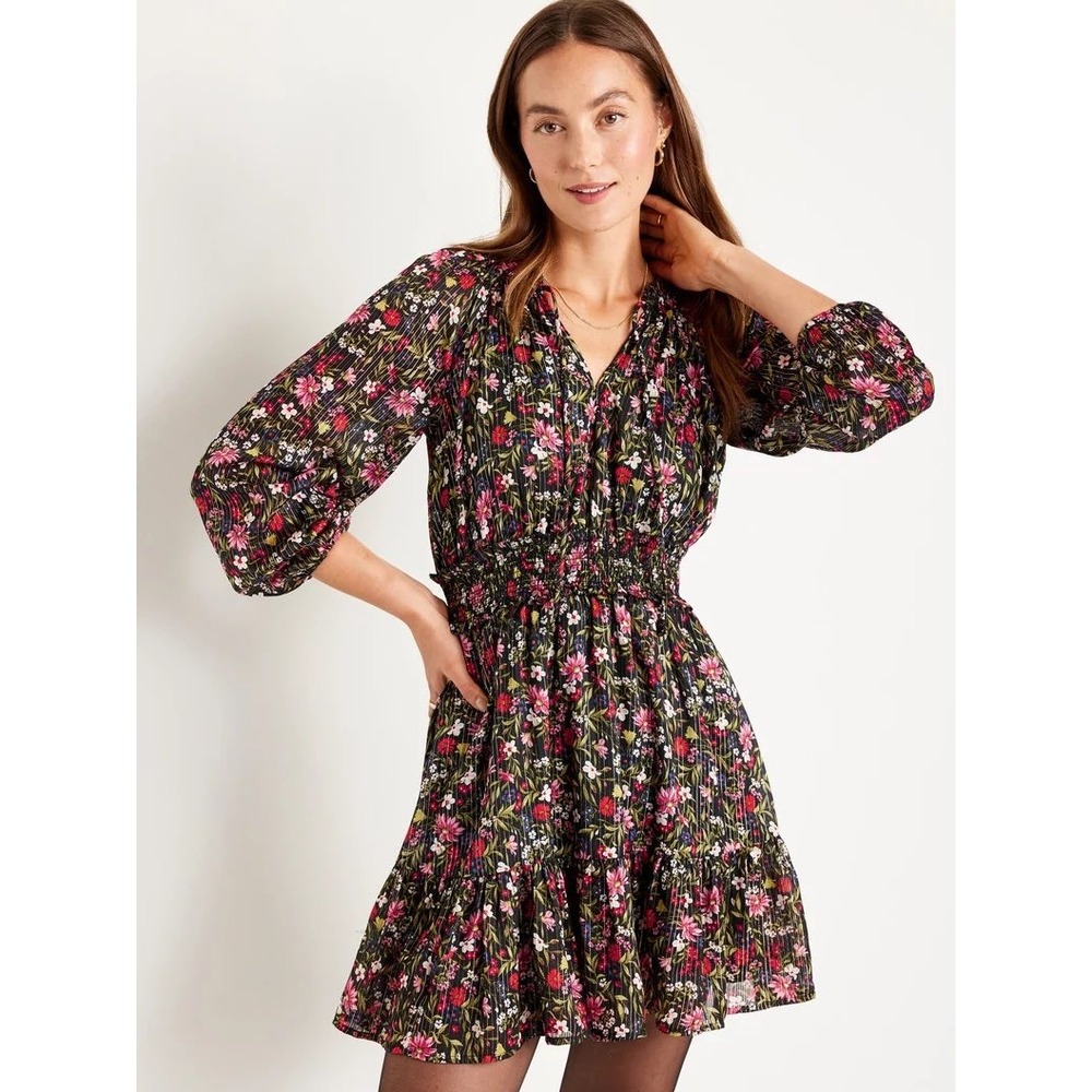 Old Navy XL Floral Smocked Waist Mini Dress‎ Black Gold Metallic (P727)